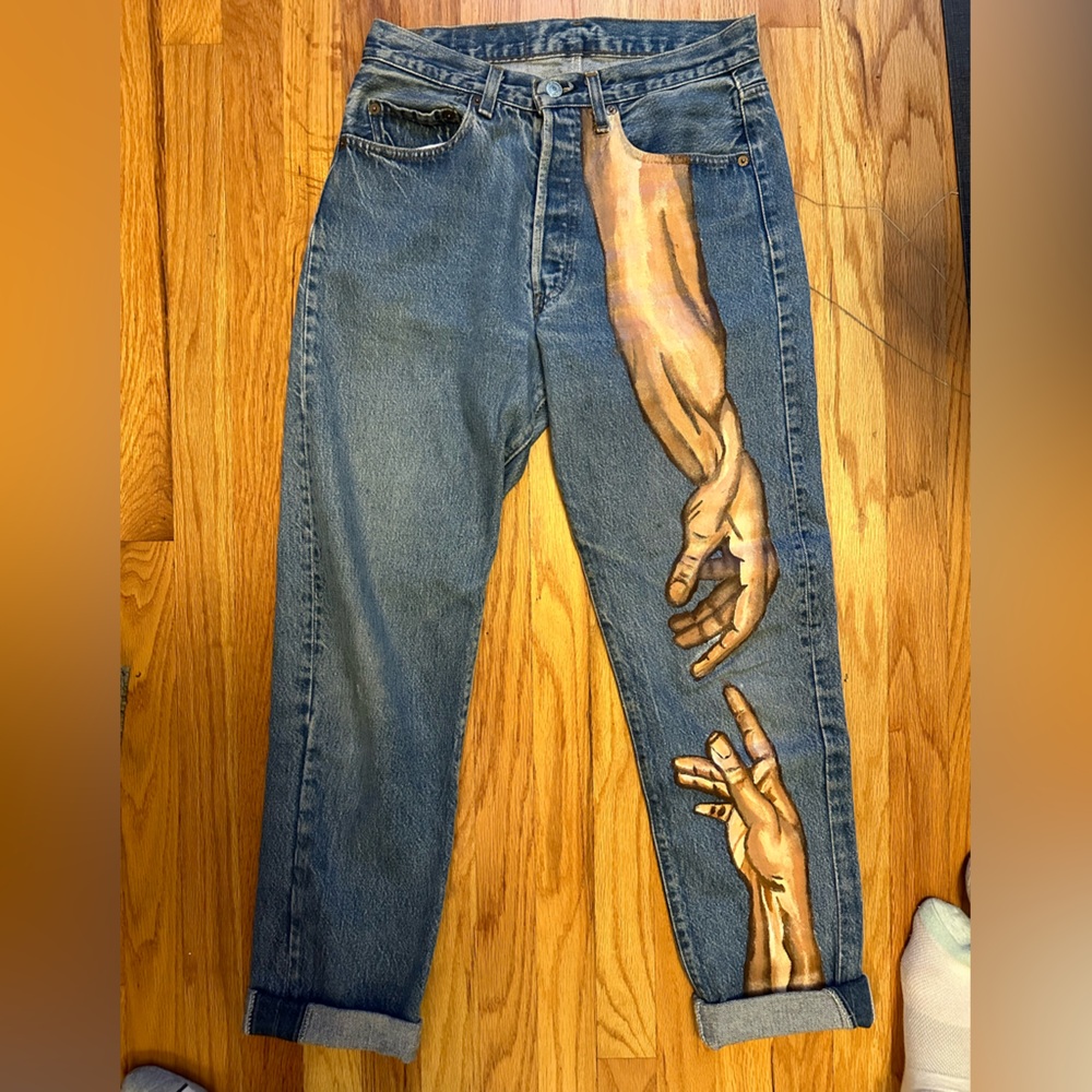 Vintage 501 Levi’s with acrylic hand painted “The Creation of Jeans”